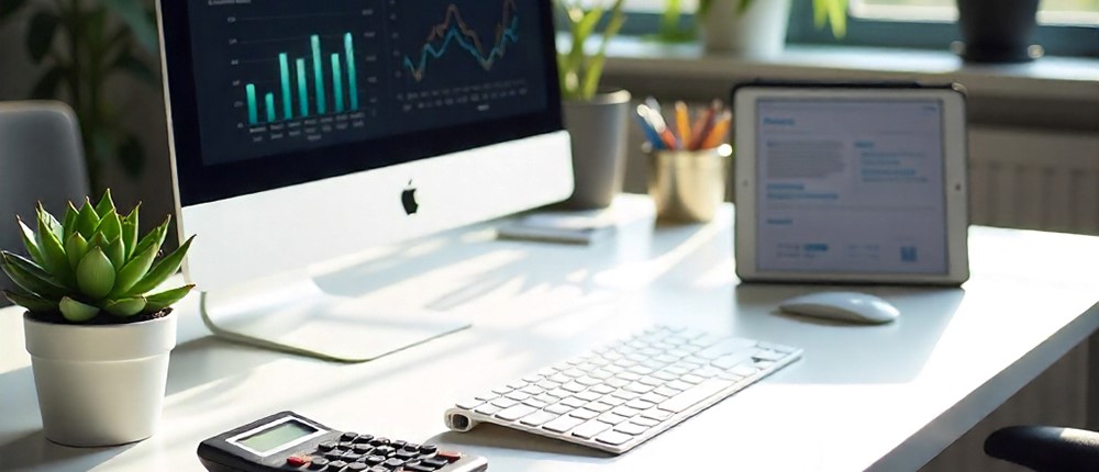 Banner news septiembre 2025 de BNFIX PICH25 Esriterio con un teclado, una calculadora y una planta